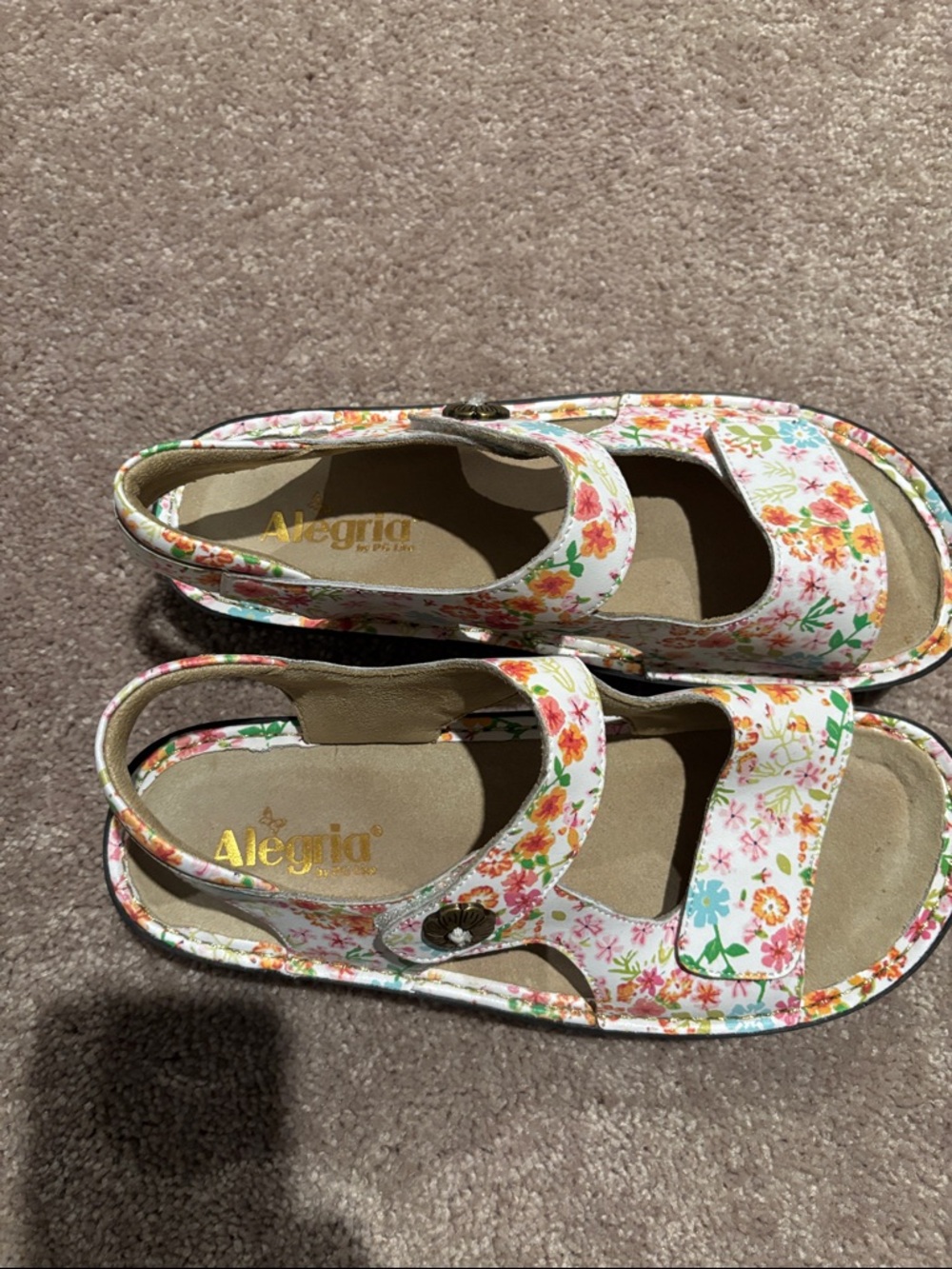 Alegria Womens Floral Mary Jane Sandals - White with Multicolor Flowers